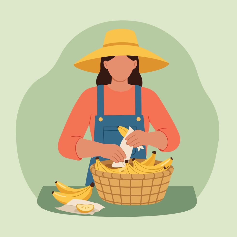 Person Peeling Banana From Basket Filled with Fruit Illustration vector