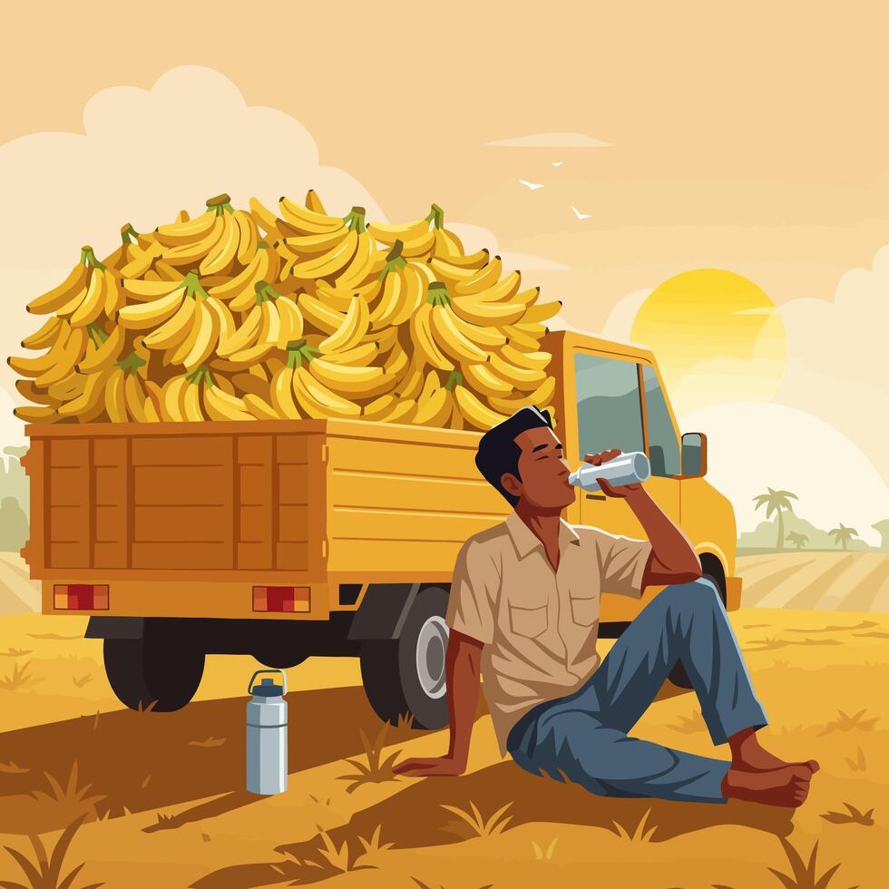 Man Drinking Water Near Banana Truck on Sunny Field Illustration vector