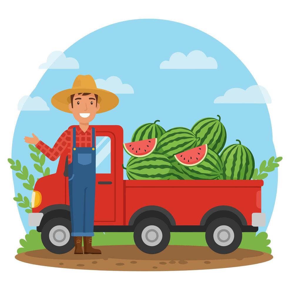 Farmer with Watermelons in Truck Harvest or Fresh Produce vector