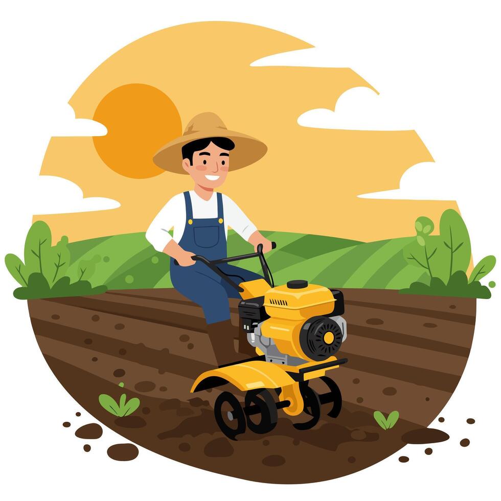 Farmer Tilling Soil with Cultivator on a Sunny Day in Field vector
