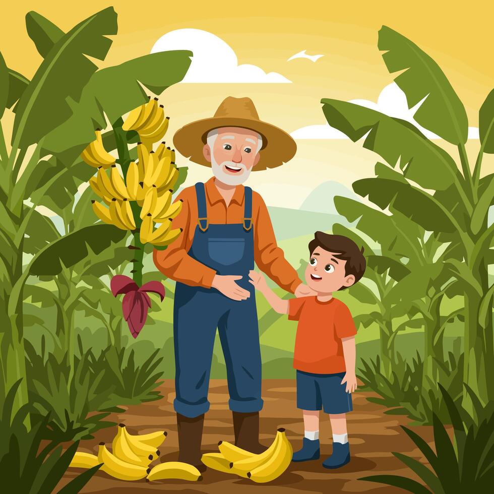 Farmer and Boy Look at Bananas Growing in Tropical Field vector