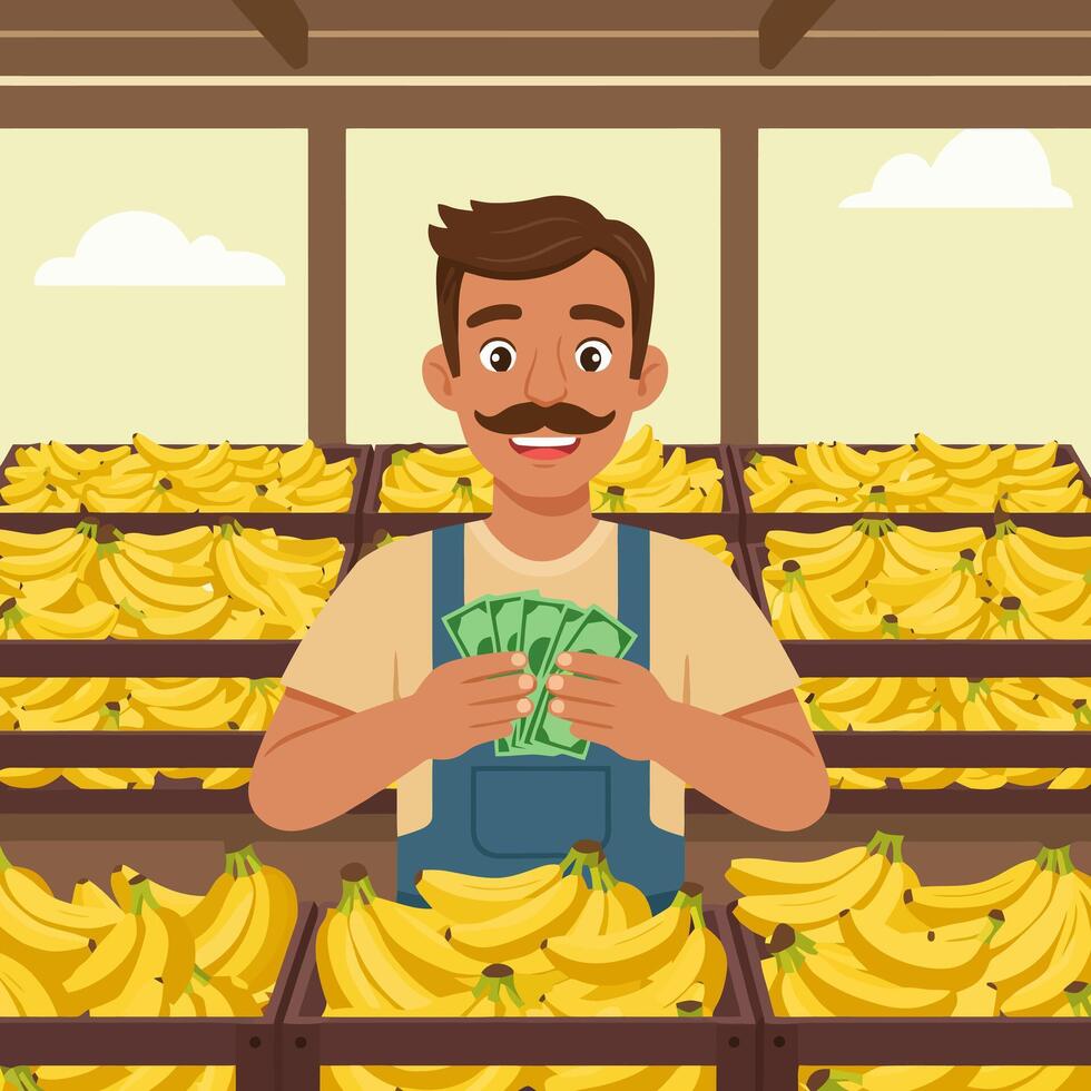 Man Counting Money at Banana Stand Promoting Fresh Produce Sales vector