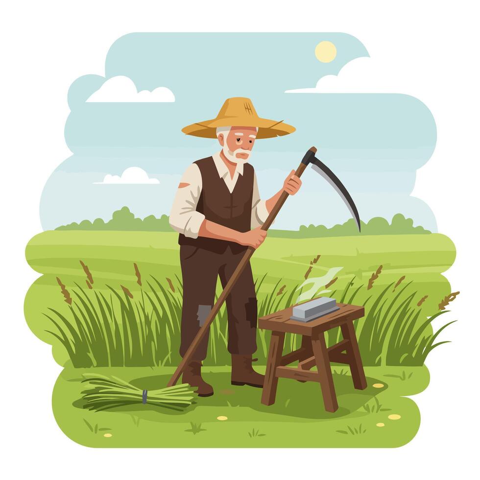 Farmer Sharpening Scythe on Stool in Field Under Bright Sky vector