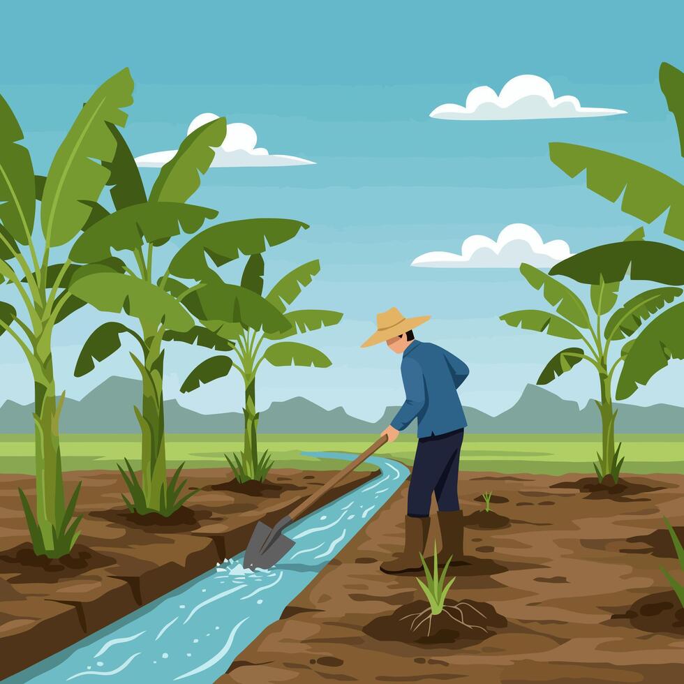 Farmer Irrigating Crops with Shovel in Field on Sunny Day vector