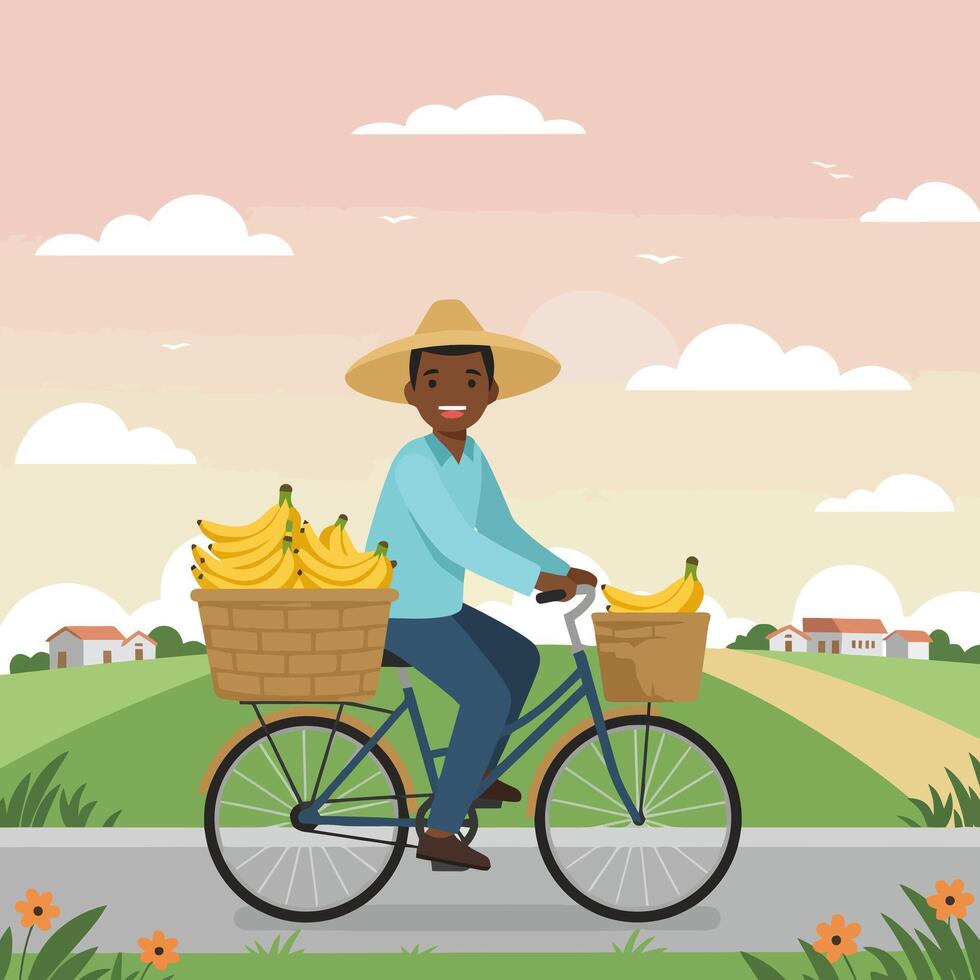 Man Riding Bicycle with Bananas Through Rural Landscape Illustration vector