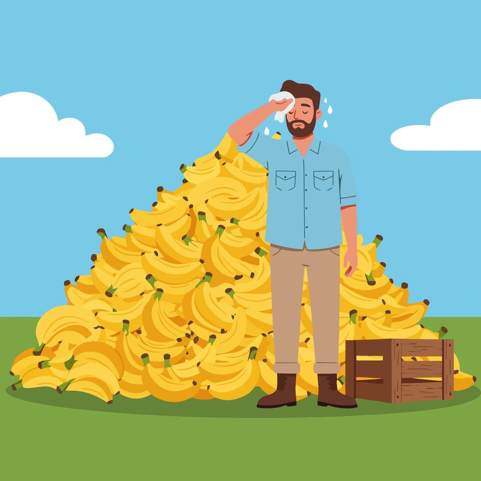 Tired Farmer with Banana Harvest Wiping Sweat on a Sunny Day vector