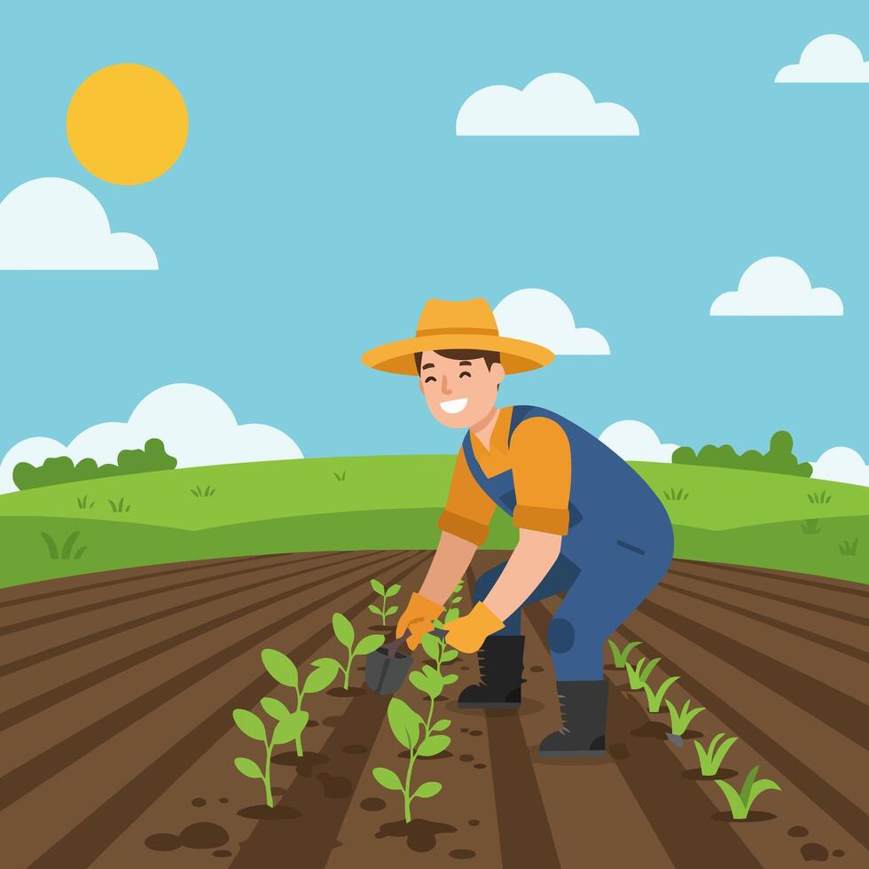 Farmer Planting Seedlings in Field Under Sunny Sky Agriculture Concept vector