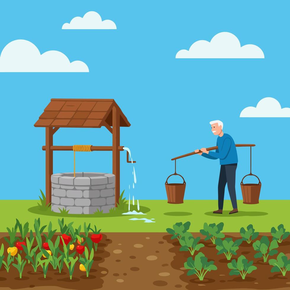 Man Carrying Water From Well to Garden on a Sunny Day vector