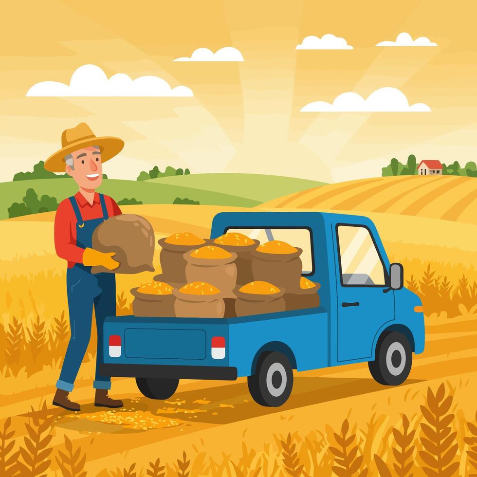 Farmer Loading Grain Bags Onto Truck After Harvest in Field vector