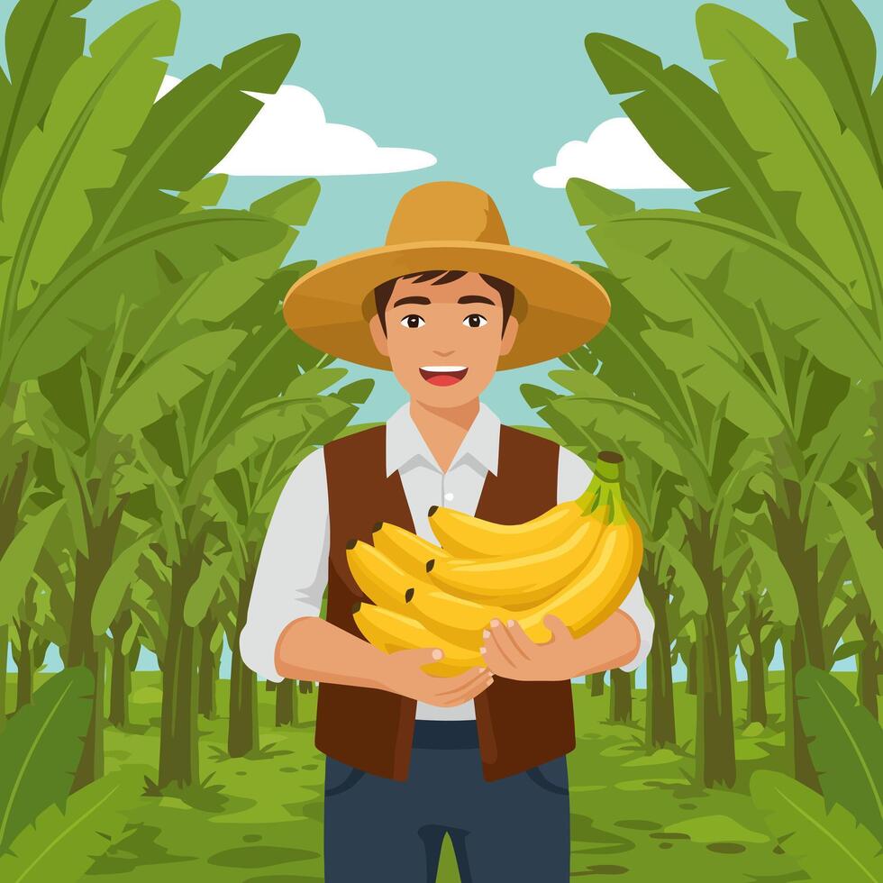 Farmer Holding Bananas in Field Smiling with Hat Illustration Style vector