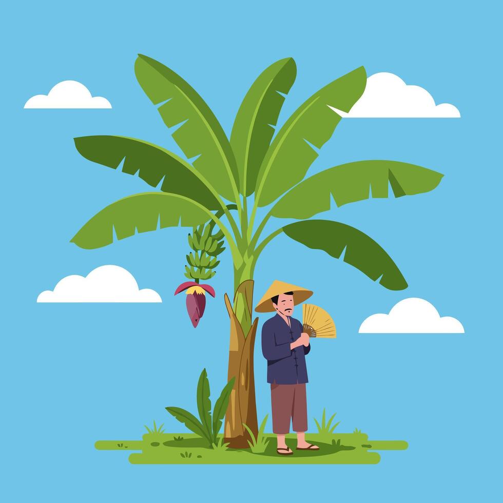 Standing Farmer Near Banana Tree with Fan Under Blue Sky vector