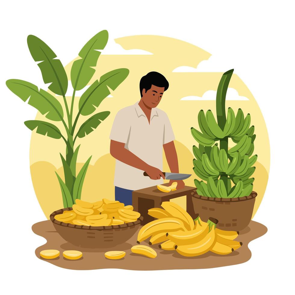 Man Cutting Banana Fruit Near Banana Plant and Bananas in Baskets vector