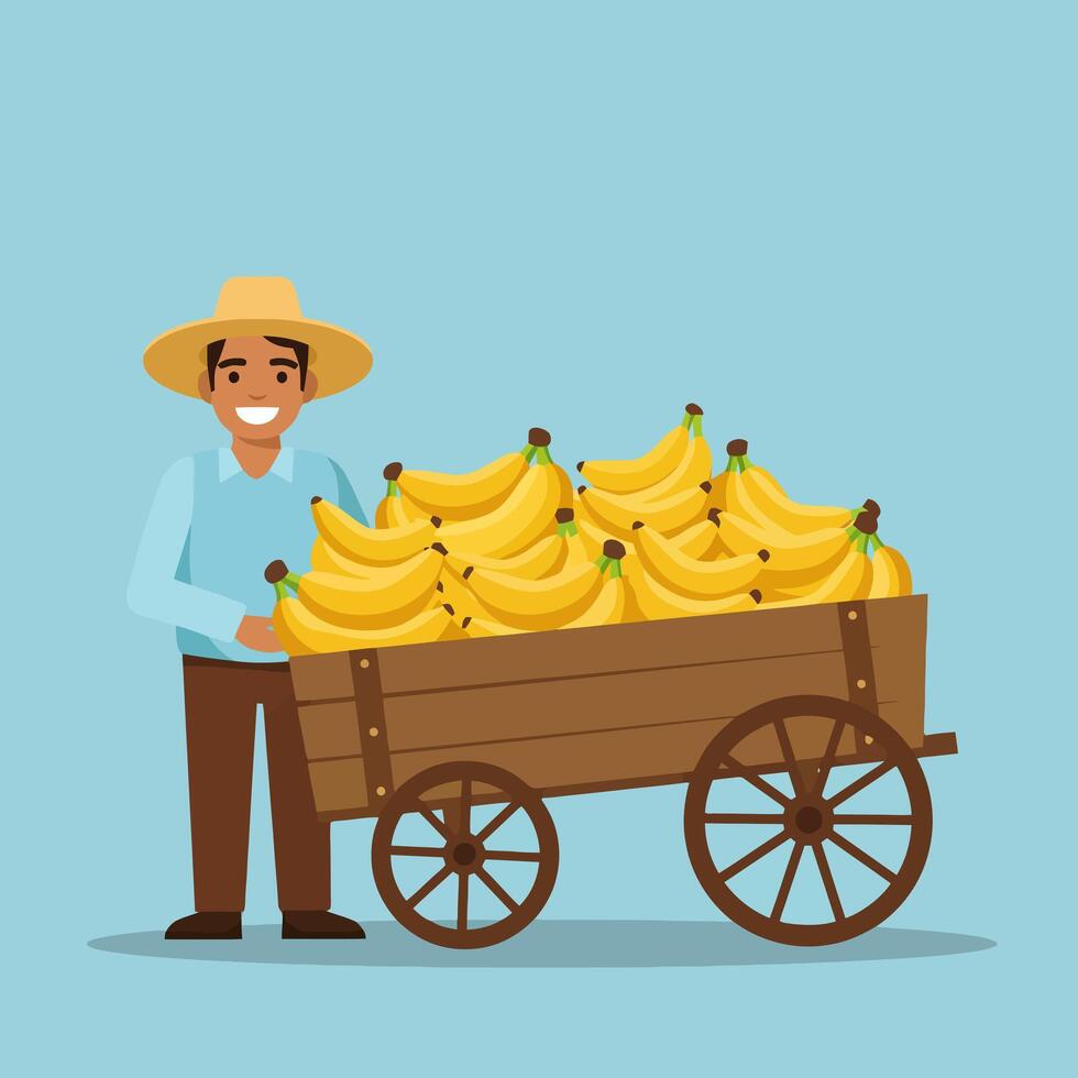Man Smiling Holding a Cart Full of Yellow Ripe Bananas vector