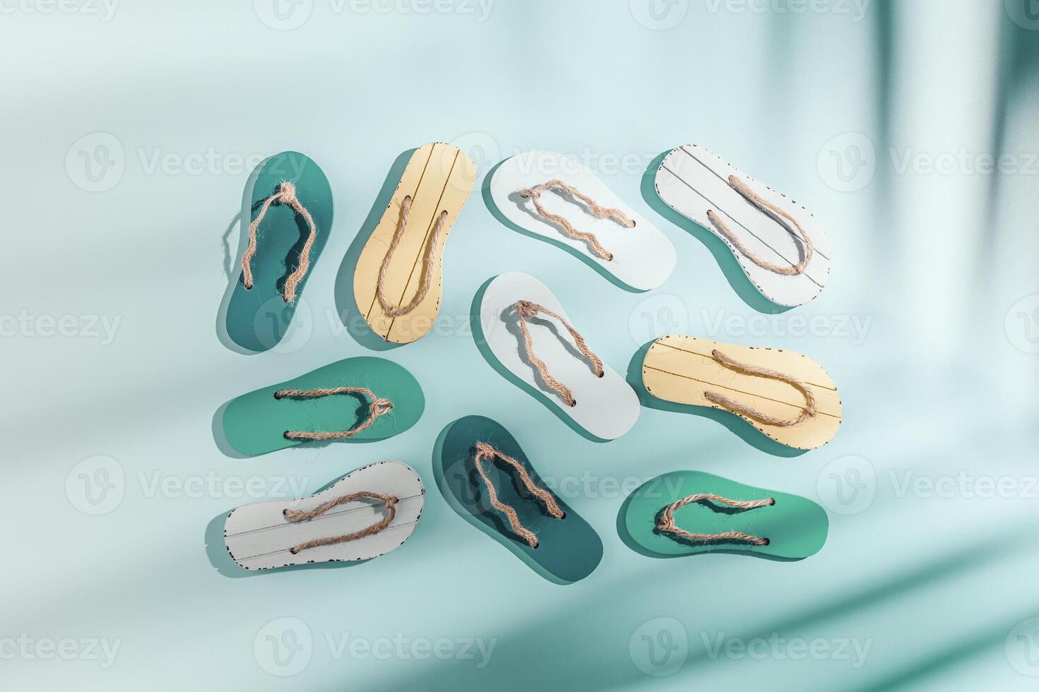 Summer flip flops aesthetic flat lay, minimal square pattern, beach footwear vivid colored, top view still life woman slide sandals, many shoes, summer beach holiday concept, palm leaf shadow photo