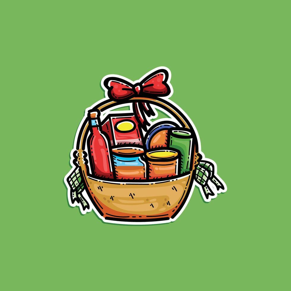 Colorful Gift Basket or Hampers Illustration with Food and Drinks on Green Background vector