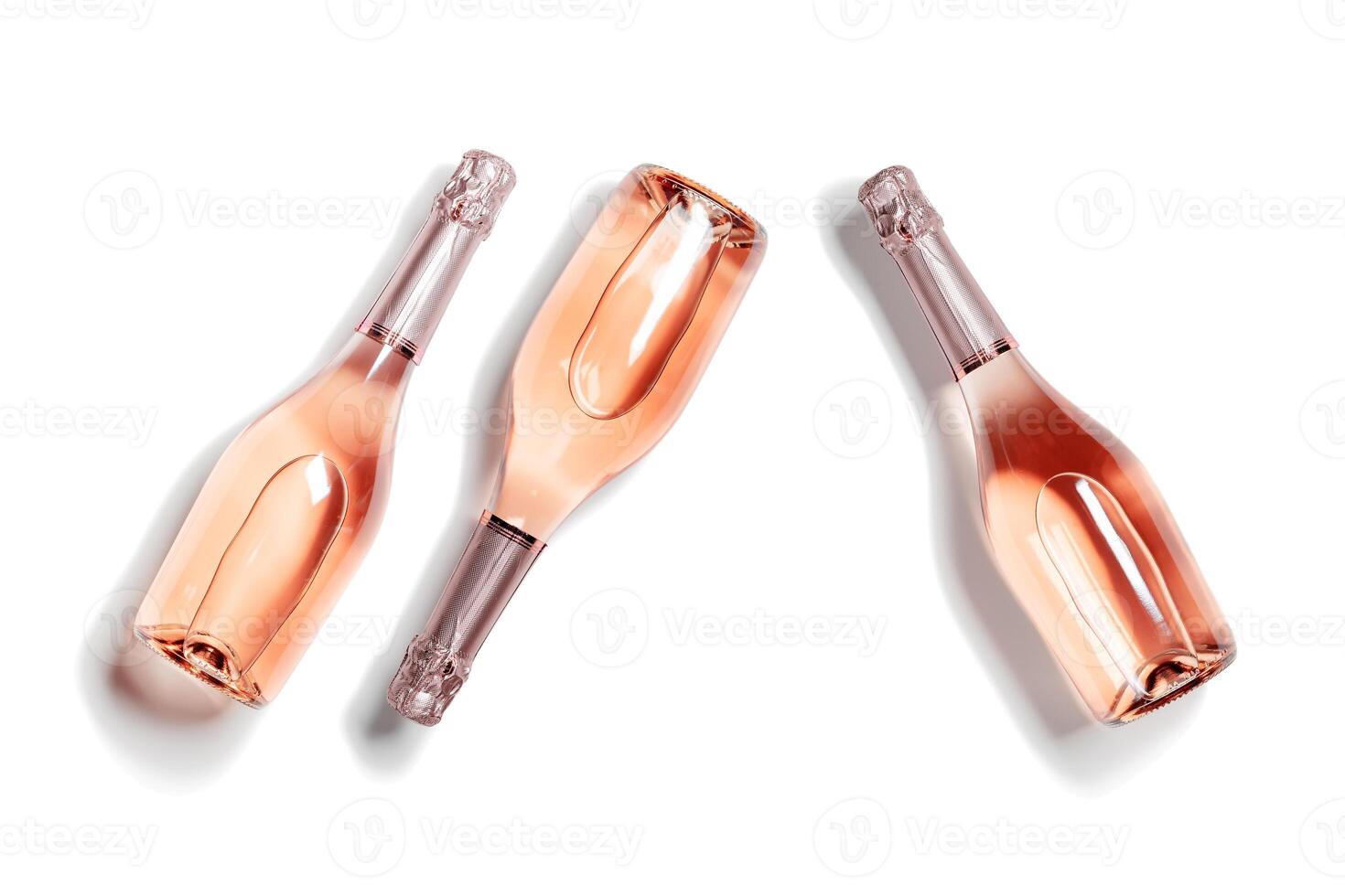Three bottles of rose sparkling wine, set full glass champagne bottles close up, isolated on white background, cutout design object, sunlight, Summer alcoholic drinks rose wine, top view photo
