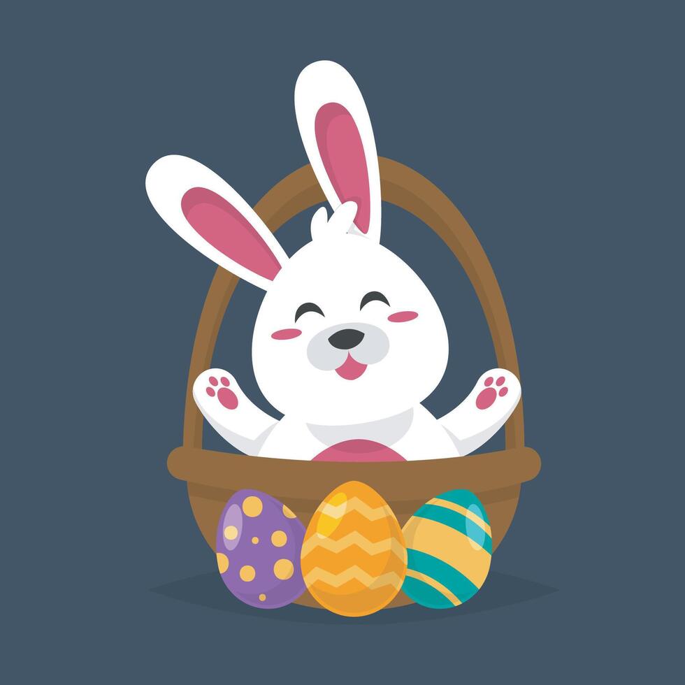 cute white bunny in the basket with three easter eggs in isolated flat design vector