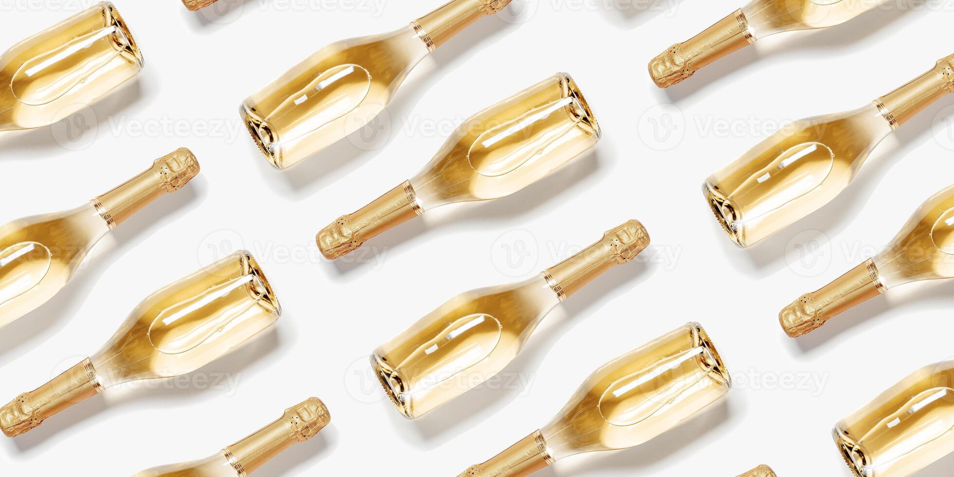 Minimal pattern of bottles of white sparkling wine, glass champagne bottles close up, isolated on white as wide banner. Summer alcohol drinks background, happy holidays wallpaper, top still life photo