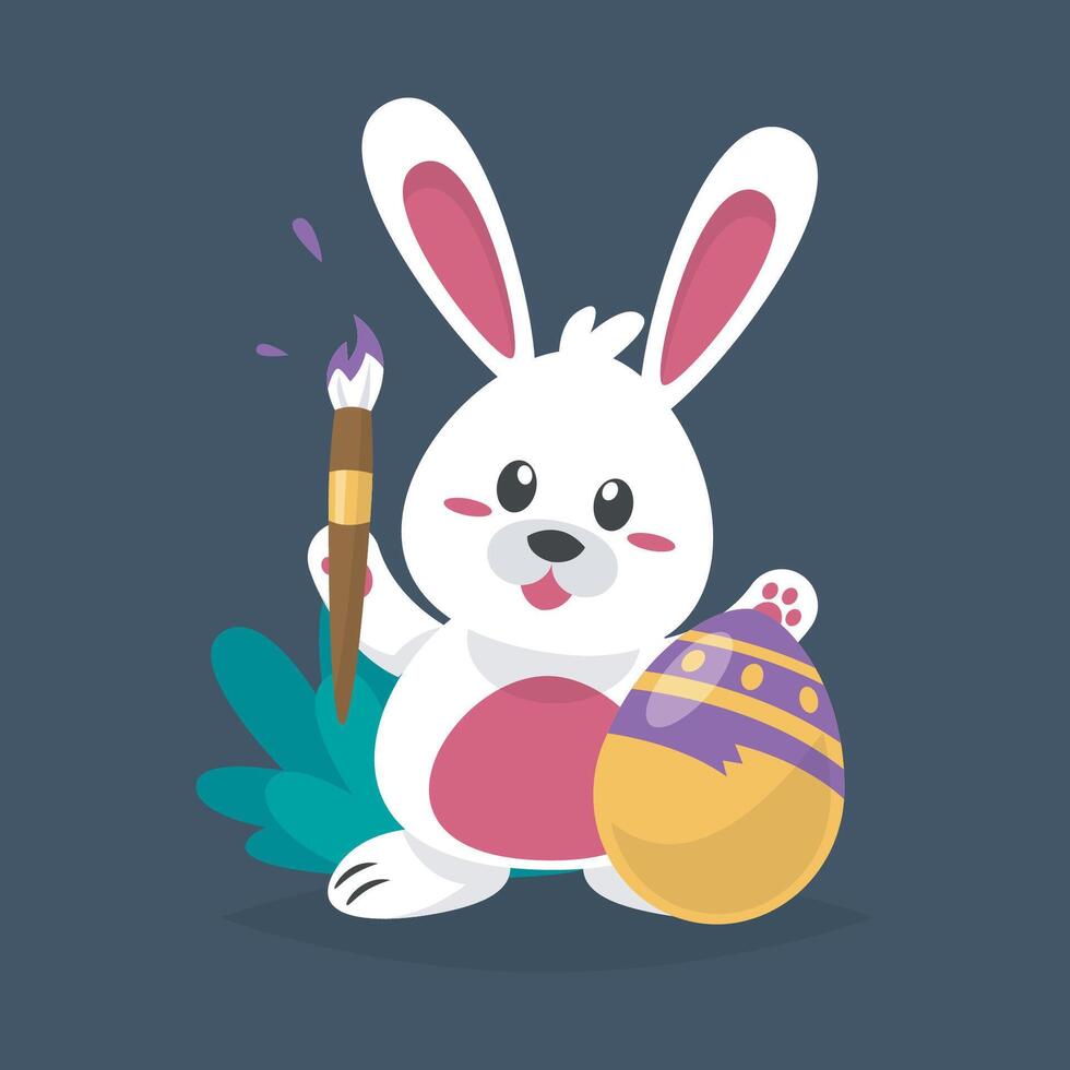 white rabbit painting easter egg in isolated flat design vector