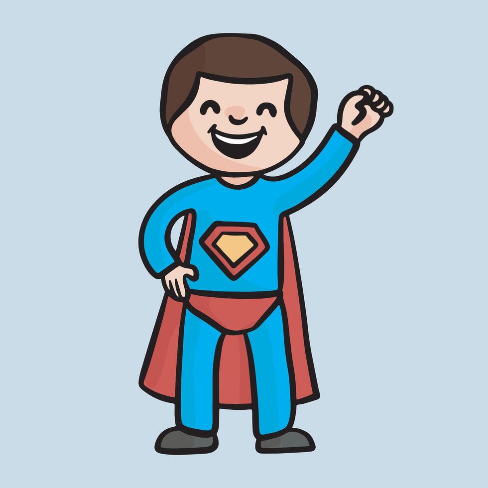 a boy kid wearing hero costume in isolated outline flat design vector