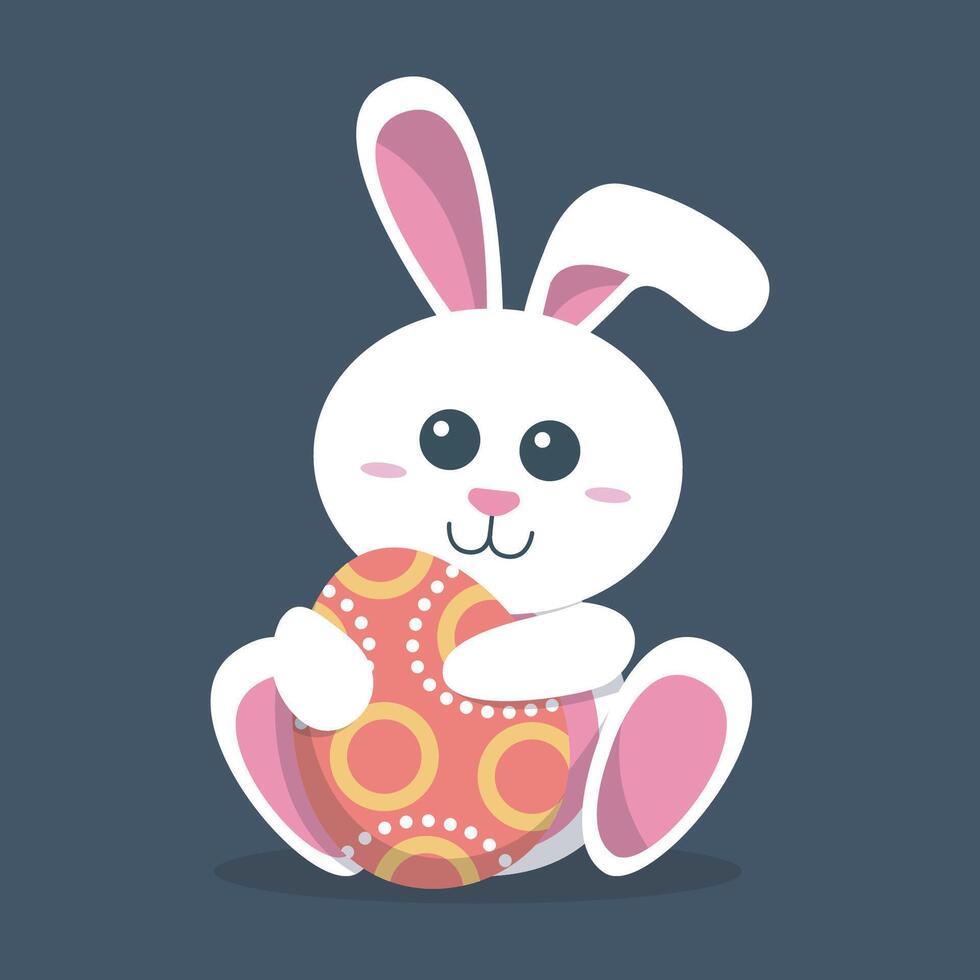 cute white bunny bring orange easter egg in isolated flat design vector