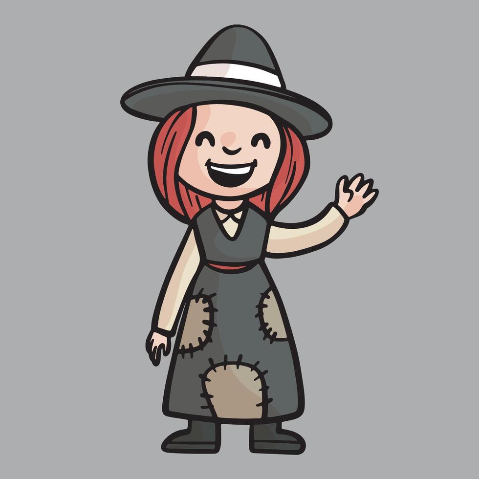 a female kid wearing witch costume in isolated outline flat design vector