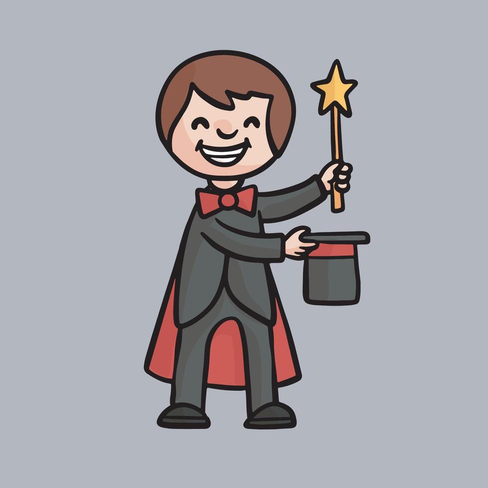 a male kid wearing magician costume in isolated outline flat design vector