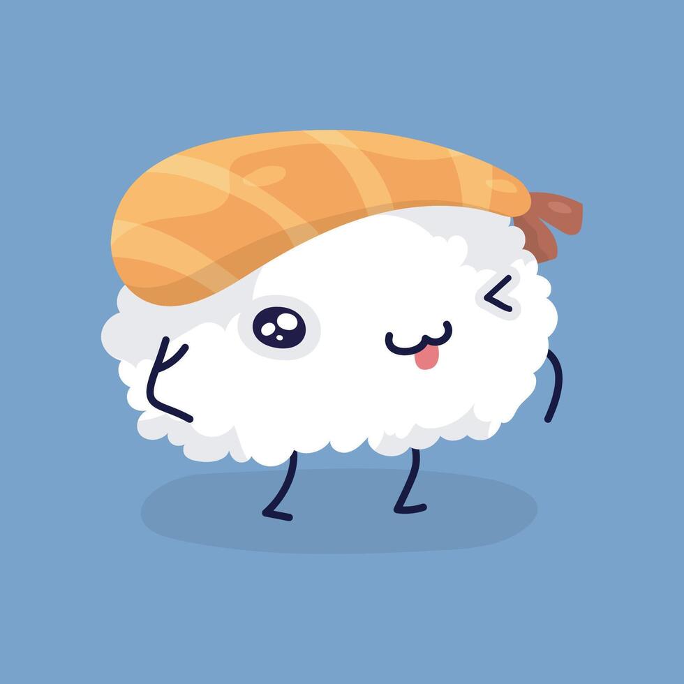 shrimp meat rice sushi cute character in isolated flat design vector