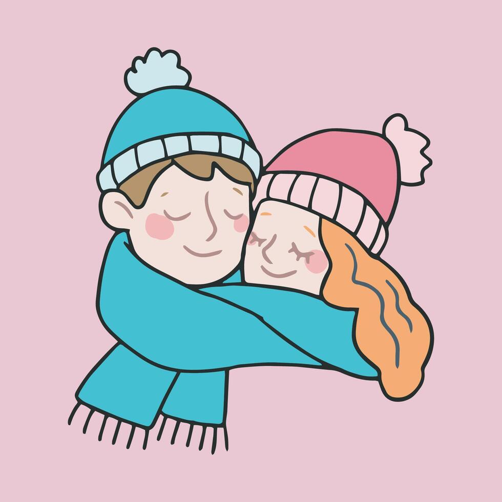 couple sharing scarves in isolated outline flat design vector