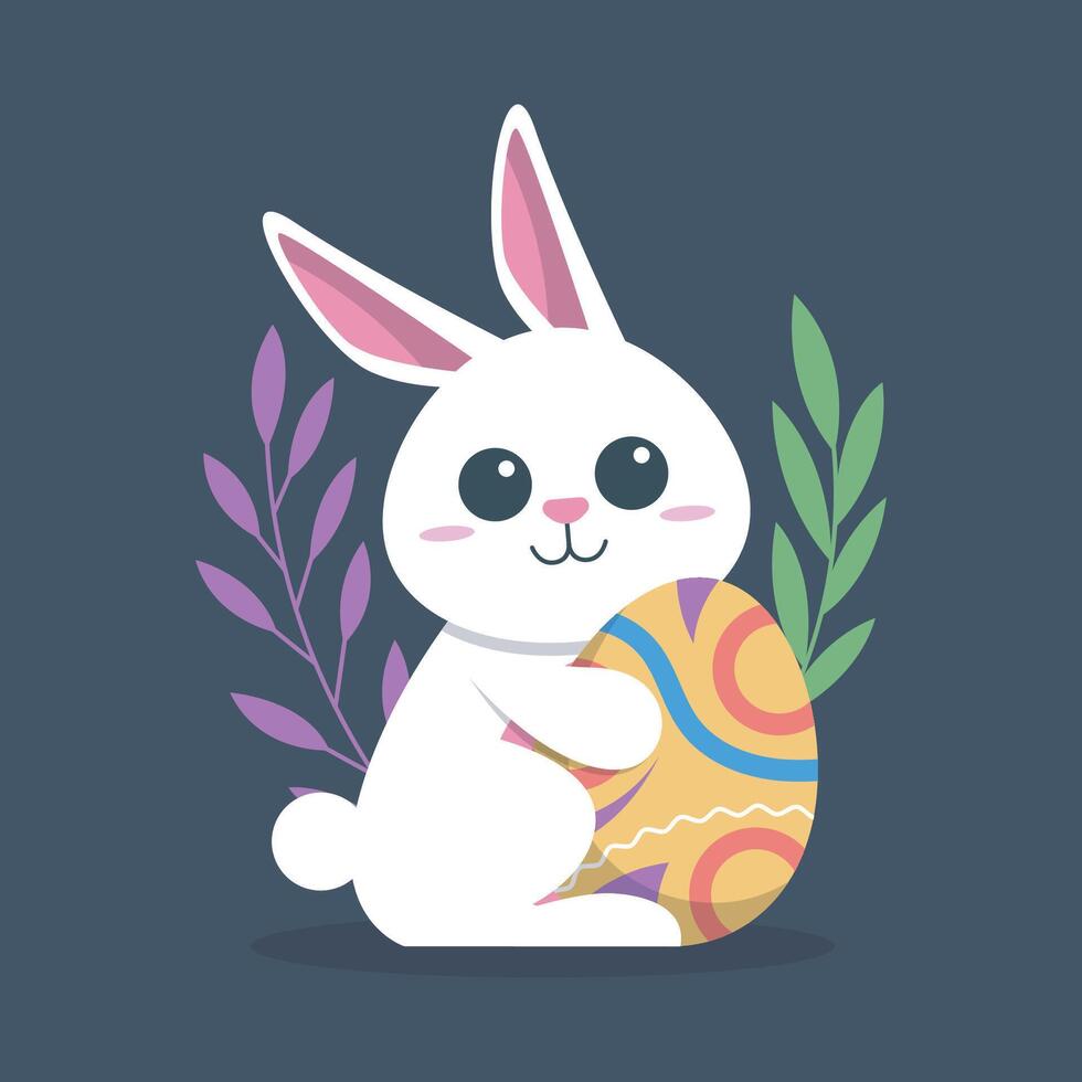 white rabbit holding easter egg animal isolated flat design vector