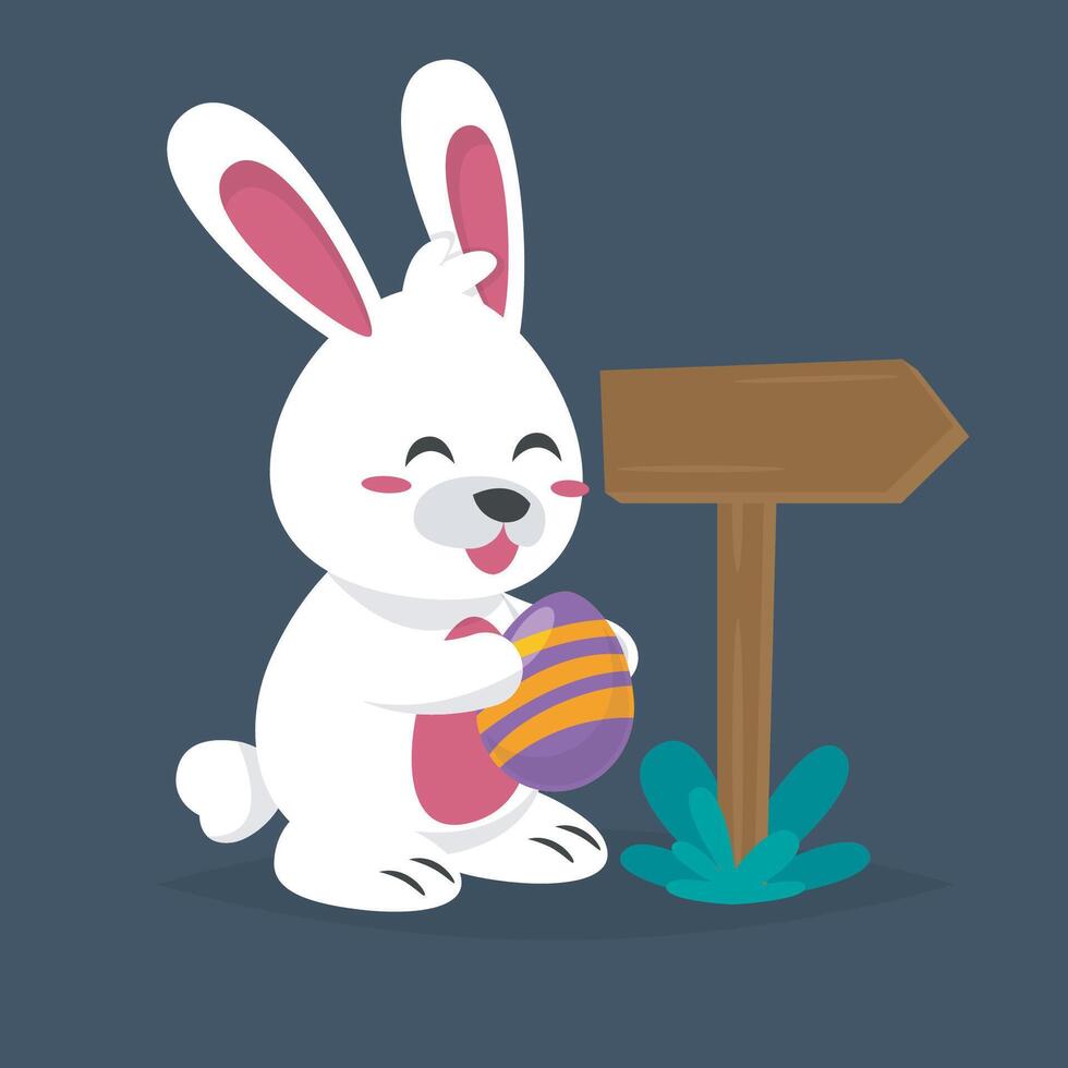 white rabbit holding easter egg and direct wood sign in isolated flat design vector