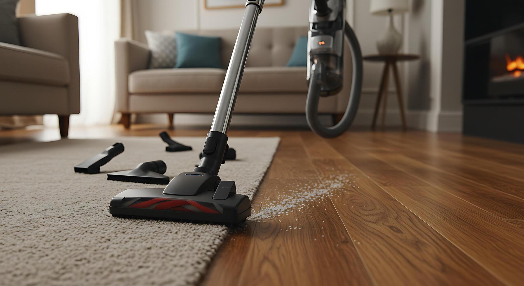 Modern Cordless Vacuum Cleaner with Attachments Cleaning Hardwood Floor and Carpet photo