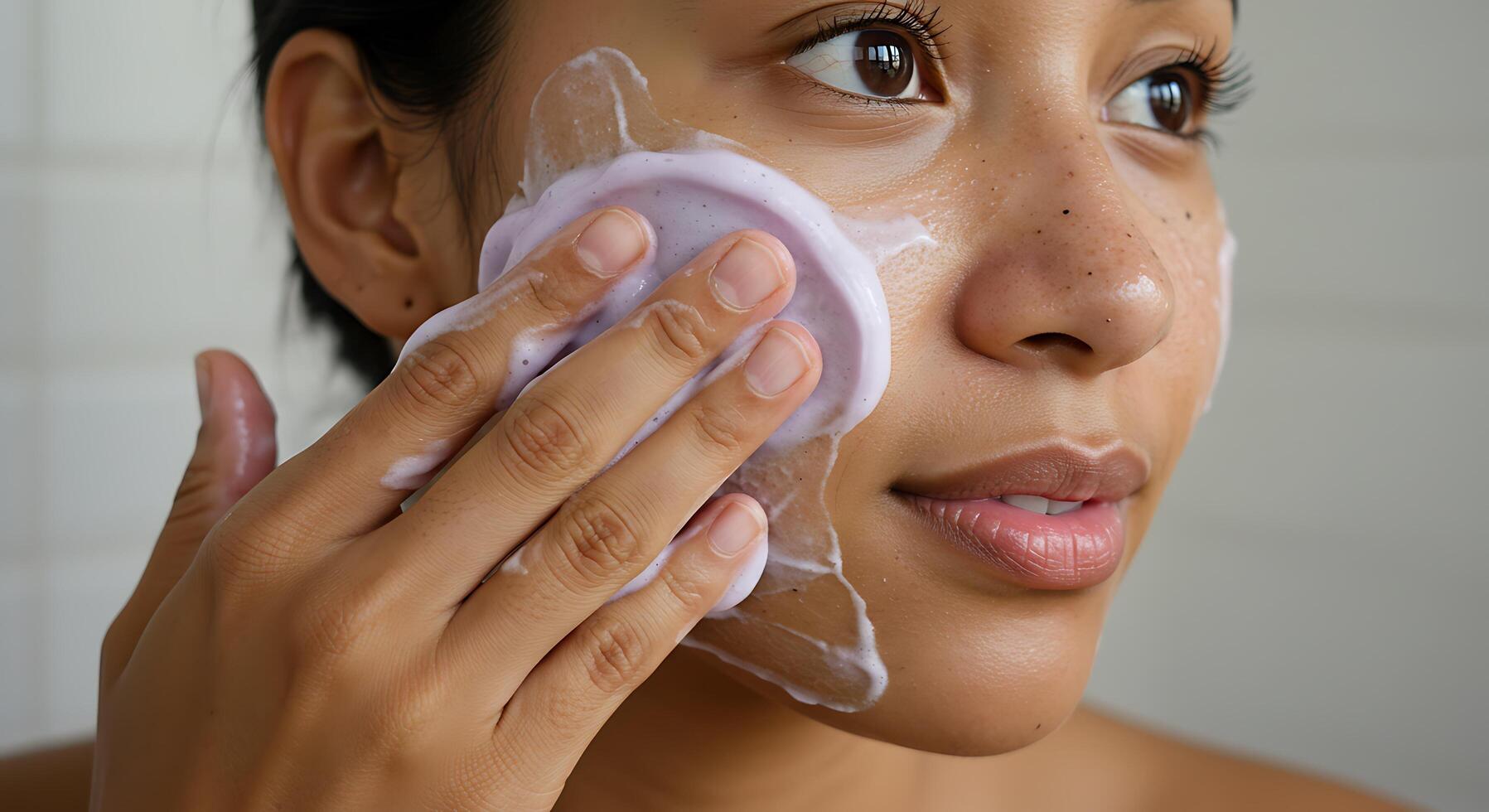A Woman Gently Cleansing Her Face with a LavenderInfused Facial Cleansing Pad and Foaming Cleanser photo