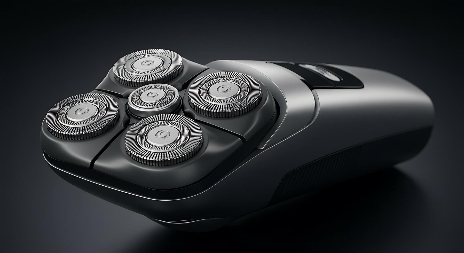 A HighResolution CloseUp of a Sleek Modern Electric Razor with Five Precision Cutting Heads photo