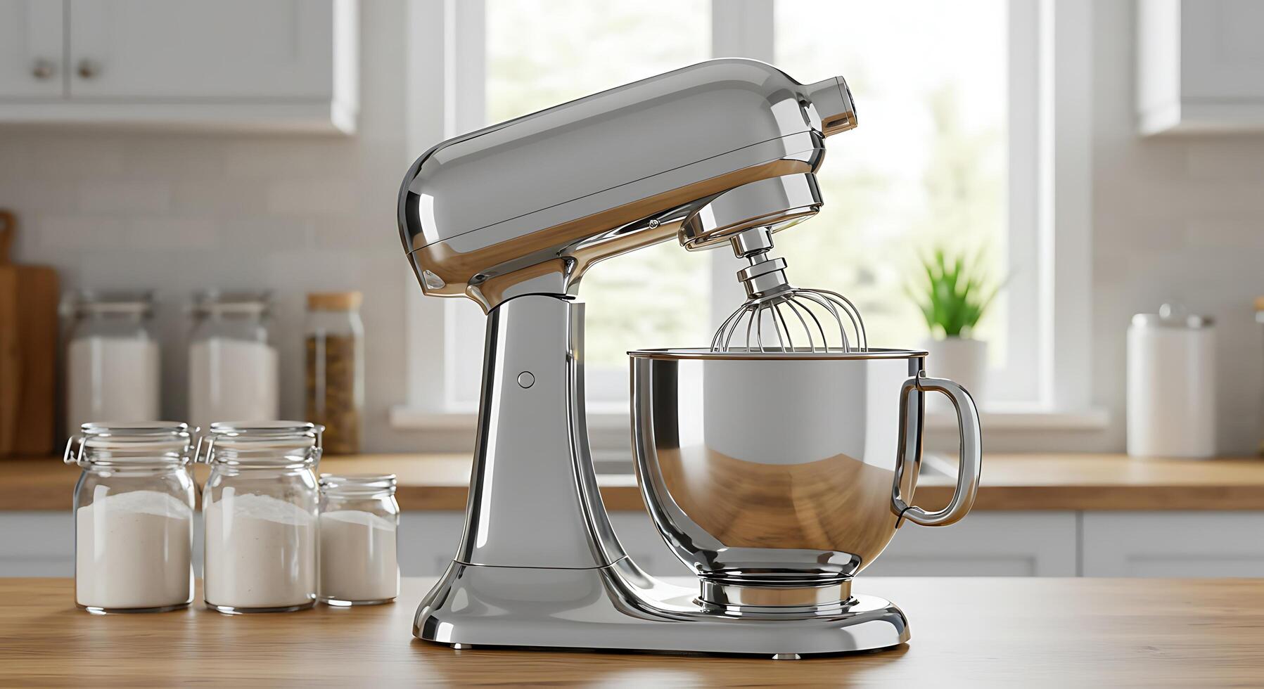 Sleek Chrome Stand Mixer with Flour Jars in Modern Kitchen Setting photo