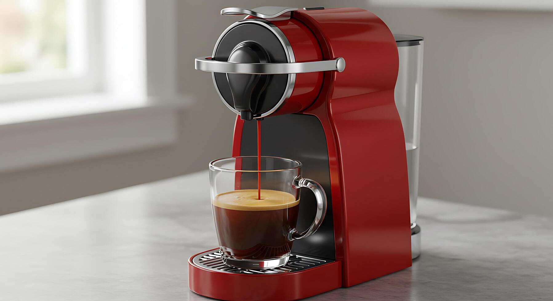 A Sleek Red Espresso Machine Brewing a Rich Cup of Coffee photo