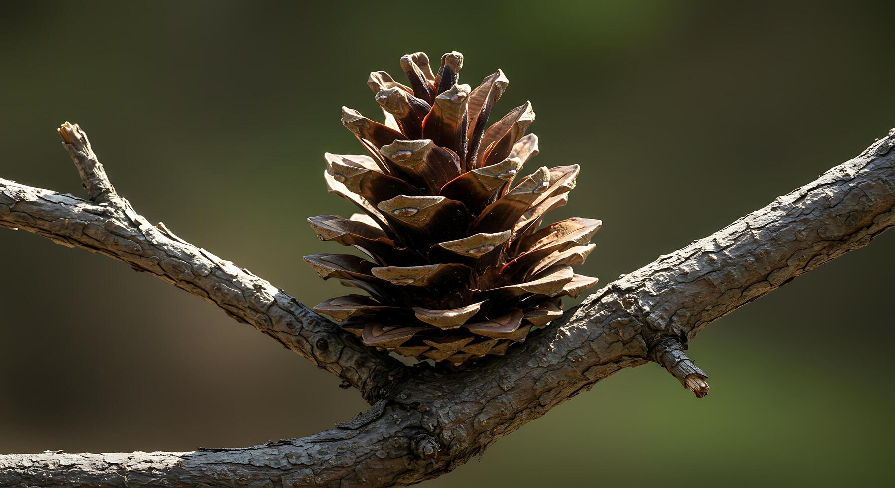 A Solitary Pine Cone Rests on a Rustic Branch Basking in Sunlight photo