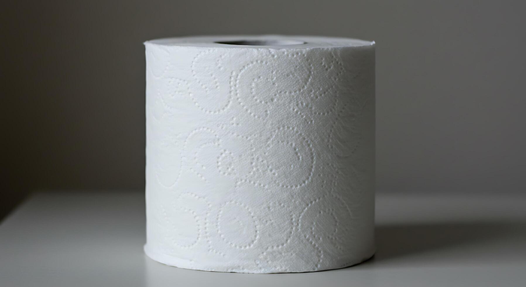A Single Roll of Embossed White Toilet Paper on a Neutral Surface photo