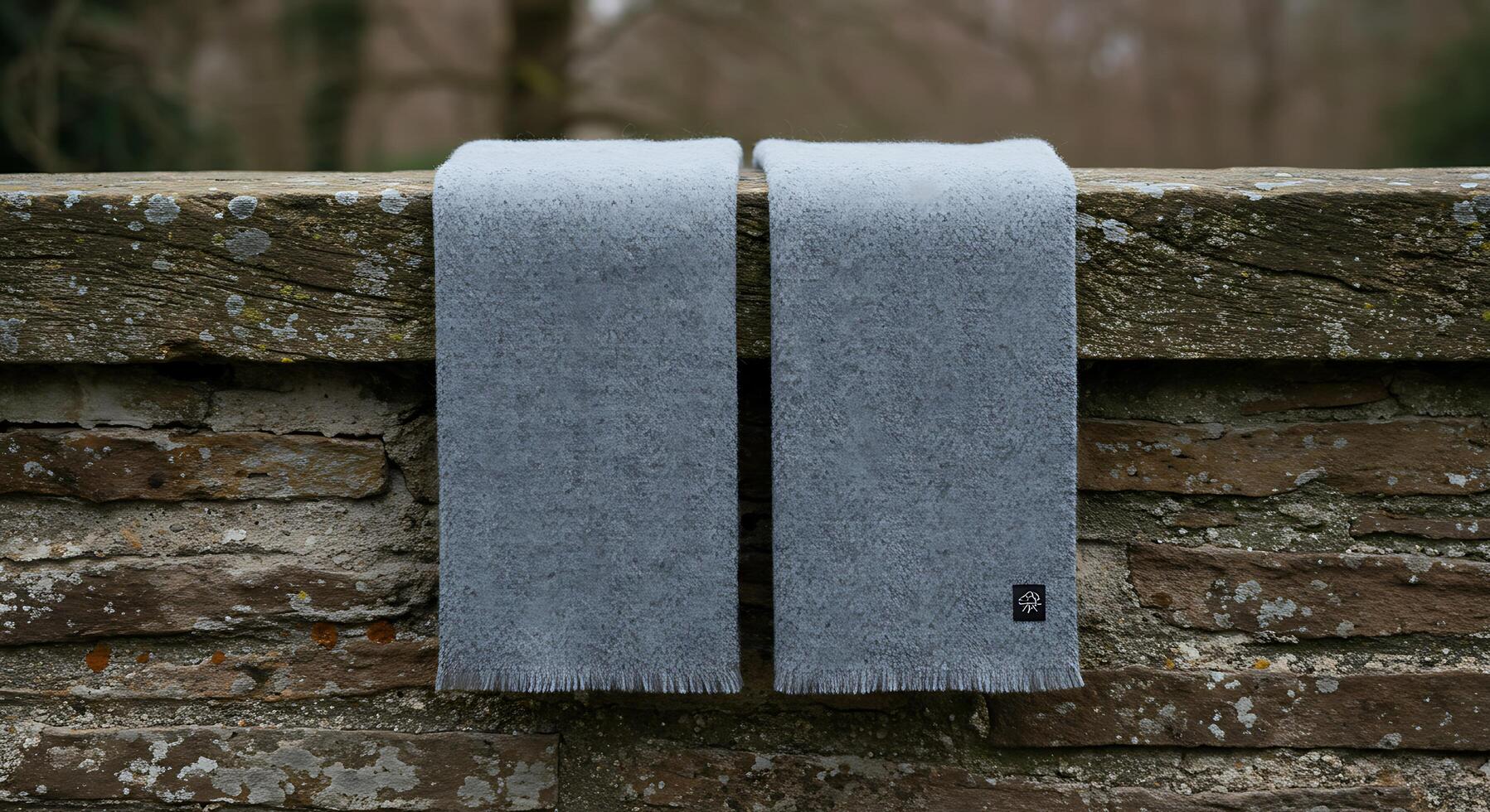Elegant Grey Wool Scarf with Fringed Edges Displayed on Rustic Stone Wall photo