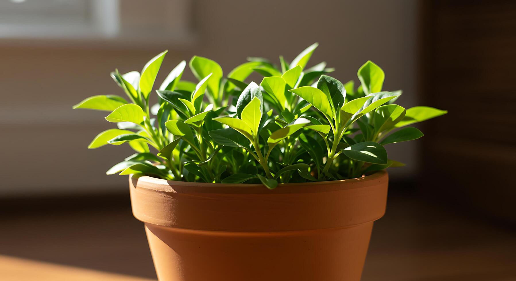 A Vibrant Green Plant Thriving in a Terracotta Pot Basking in Sunlight photo