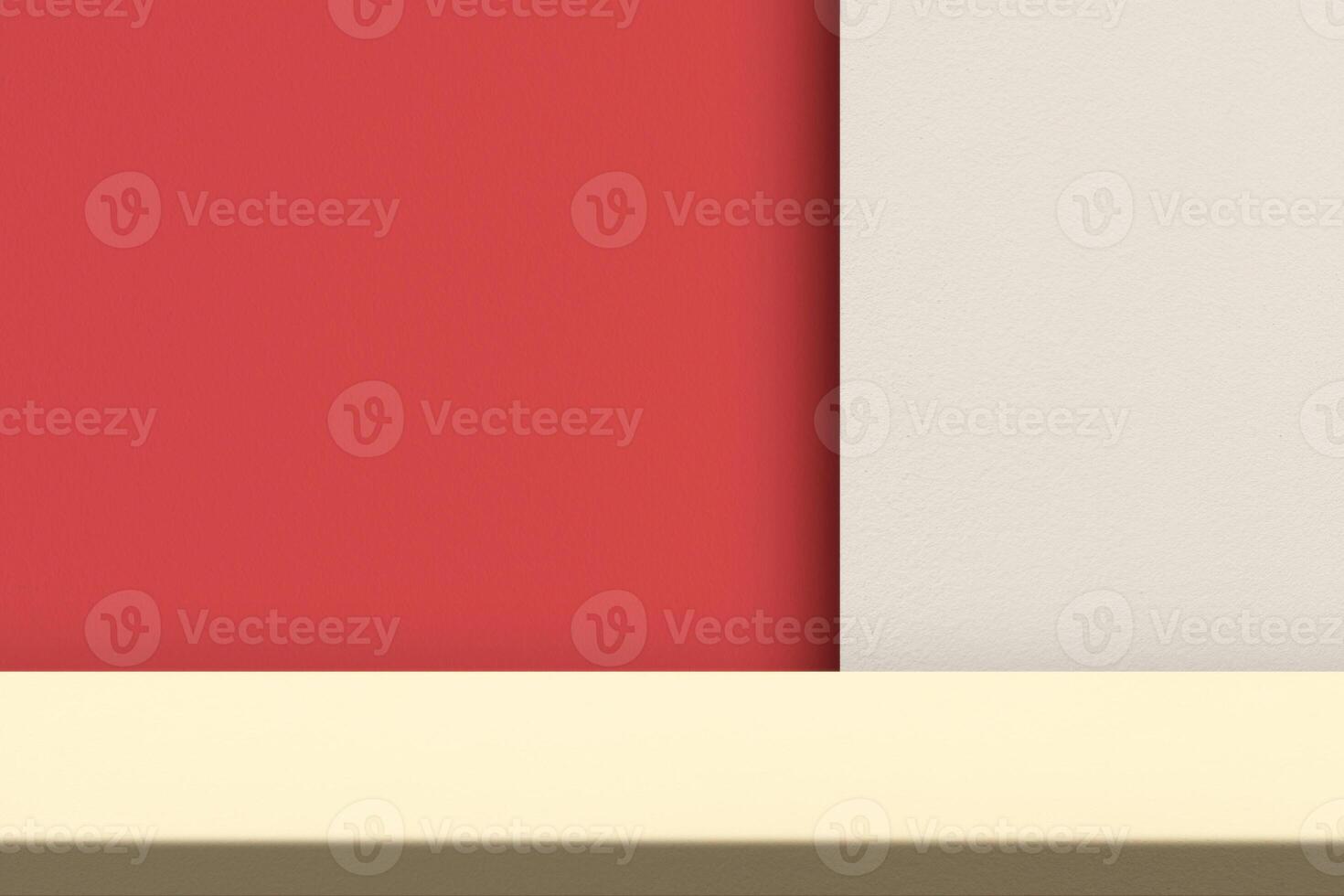 Concrete Table with Light Beam and Shadow on Red Wall Background with White Space for Text photo