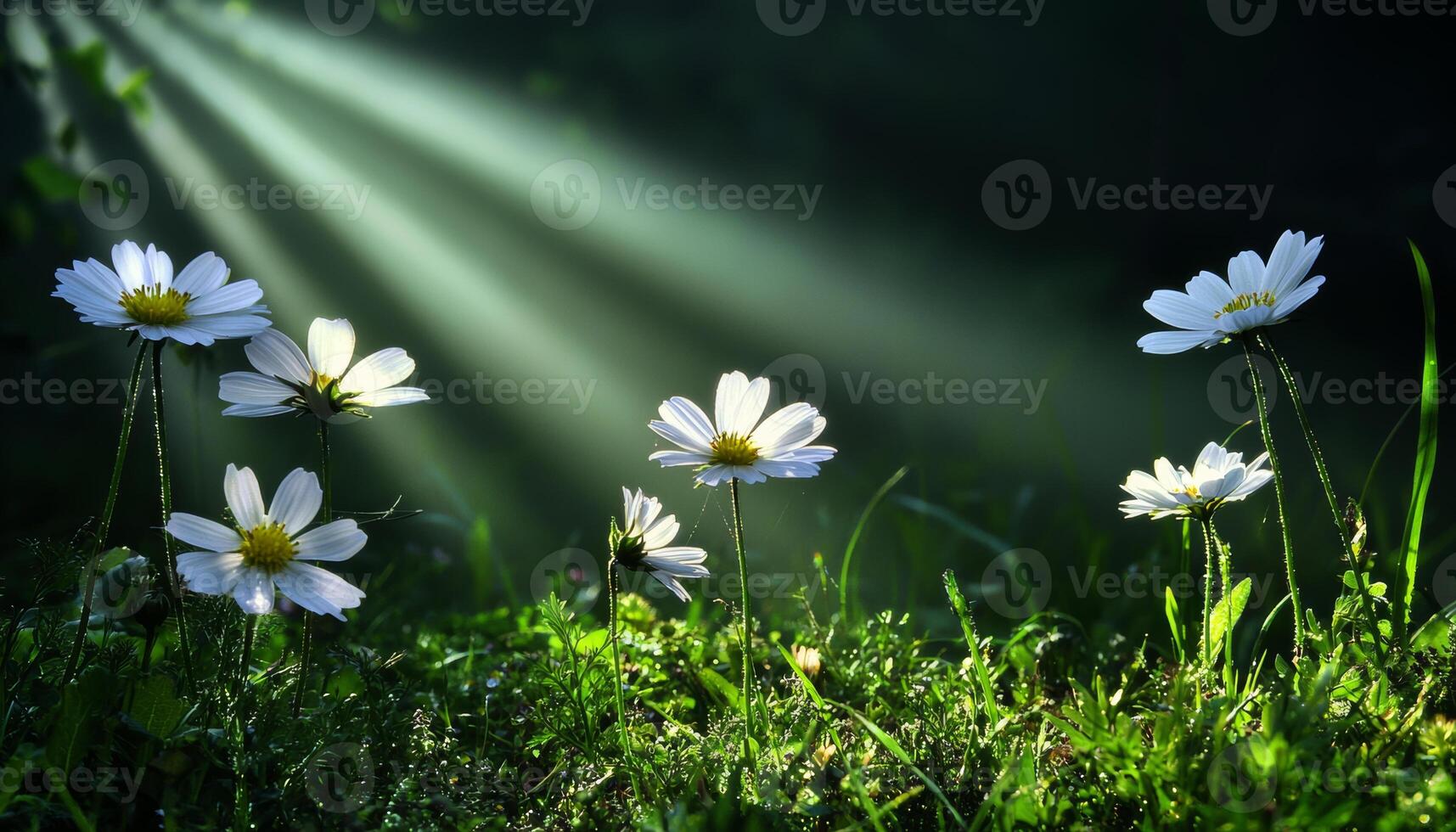 Sun dappled wildflower meadow with soft rays shining through. photo