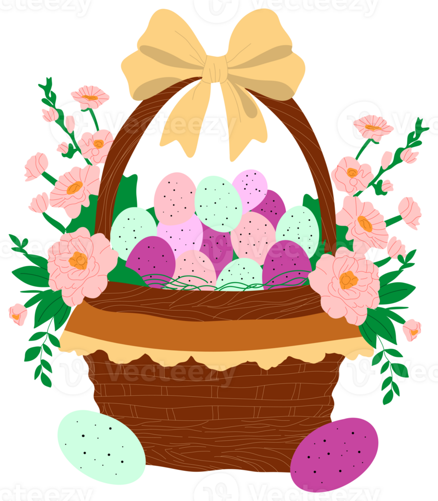 Easter Basket with Colorful Eggs and Flowers sticker png