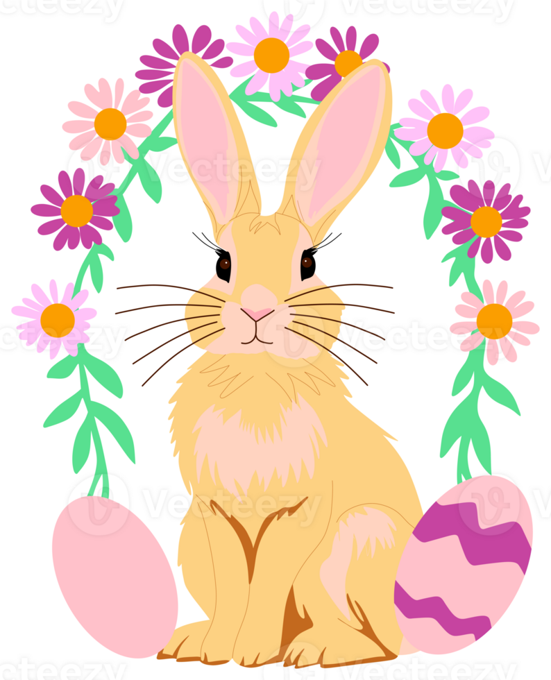 Easter Bunny Illustration with Flowers and Eggs sticker png