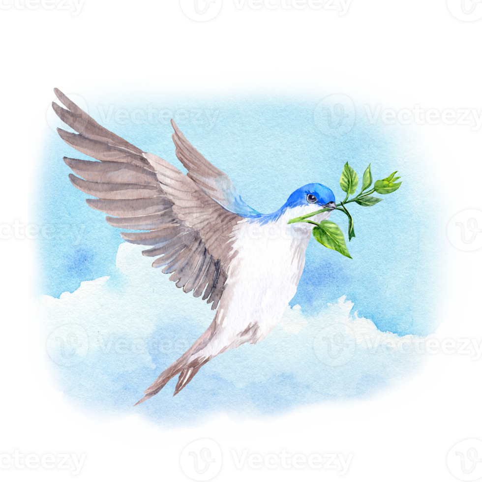birdie with green branch flying in the sky png