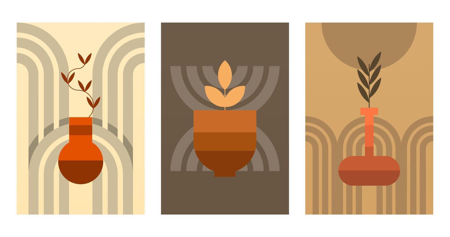 Flat rainbow bohemian vase pot plant boho wall art background collection vector