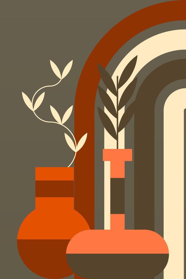 Flat rainbow vase plant boho wall art background vector