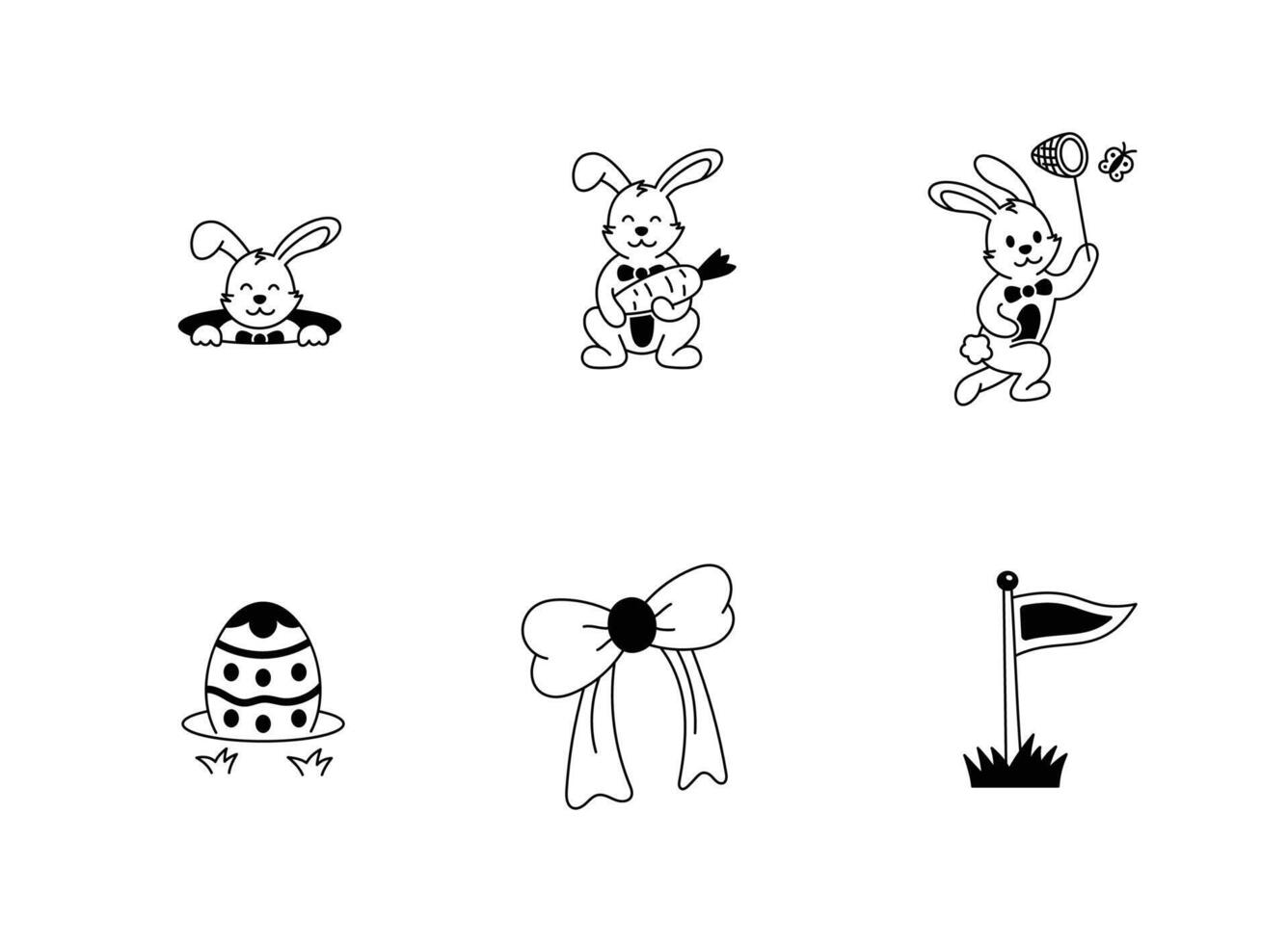 Collection of Easter Rabbits with Painted Eggs, Carrot, Butterfly Illustration vector