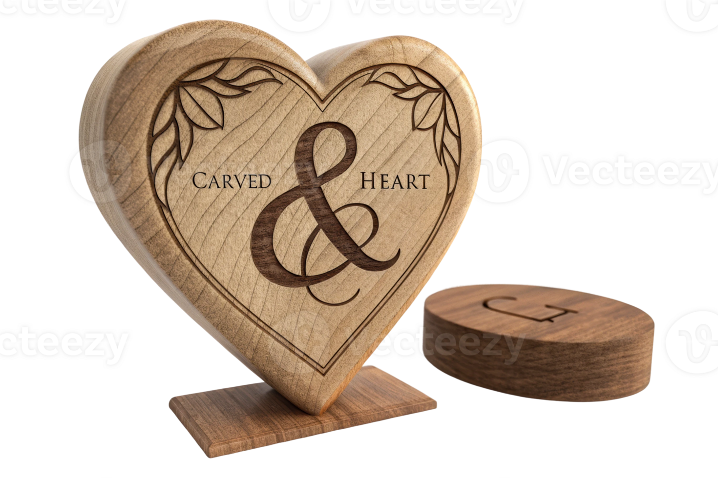 Decorative wooden heart sculpture showcasing intricate carvings and personalized initials png