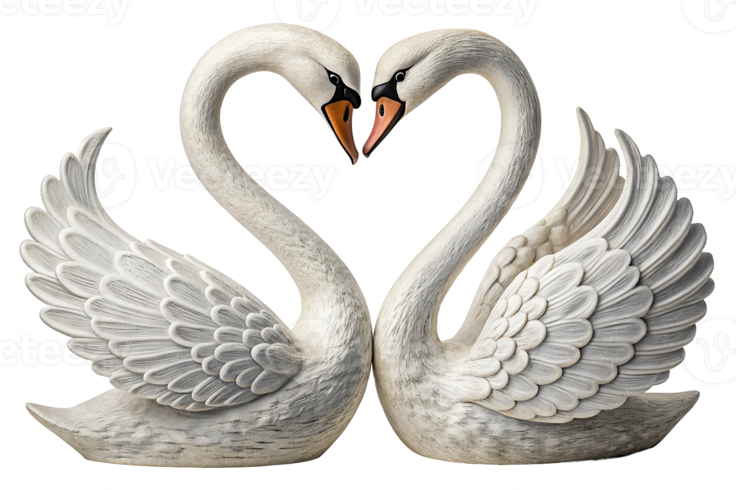 Two handcrafted swans creating a heart shape with their necks in a decorative display png